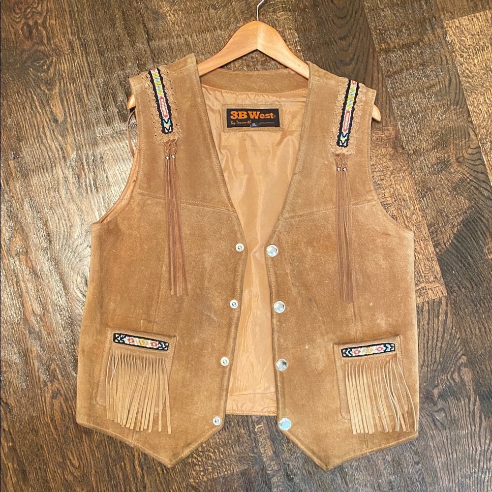 3B West Brown Suede Fringe Vest with beaded details